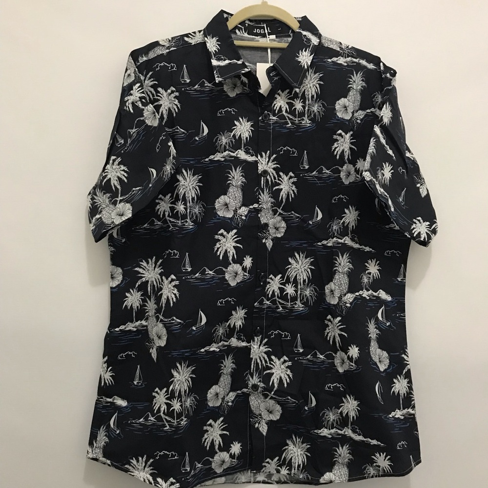 Nwt Jogal  Men's Navy Tropical Print Short-Sleeve Shirt Size L
